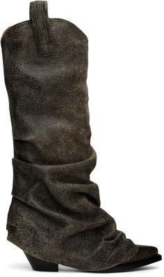 Knee-high cracked leather boots in brown. · Gathering throughout · Layered construction · Pointed toe · Embroidered detailing at vamp · Pull-loops at collar · Grained leather lining · Leather block heel with rubber injection · Leather sole · Heel: H2 Supplier color: Distressed black R13 Boots, Womens Black Cowboy Boots, Sleeve Boots, Black Cowboy Boots, Black Cowboy, Leather Block Heels, Boots Knee, Black Leather Boots, Tall Boots