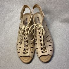 Earth Nubuck Leather Lace-Up Kristen Nude Sandals...Size 6,5 Brand Heels Is A 2 1/4. New Without Box Beige Leather Lace-up Sandals With Round Toe, Casual Closed Toe Lace-up Sandals, Casual Open Toe Lace-up Sandals With Cushioned Footbed, Casual Lace-up Open Toe Sandals With Cushioned Footbed, Casual Lace-up Wedge Sandals With Removable Insole, Casual Cream Open Toe Heels, Cream Sandals With Leather Footbed For Spring, Casual Cream Leather Sandals, Spring Leather Lace-up Sandals With Round Toe