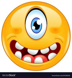 an emoticive yellow smiley face with big blue eyes and white teeth, smiling