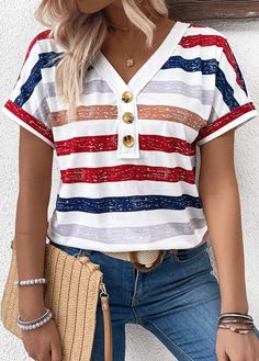 White V-neck T-shirt With Button Closure, Red Patchwork Button-up Tops, Casual Button-up Tops With Patchwork, Casual Button-up Color Block Tops, Striped V-neck Top With Buttons, Multicolor Cotton Tops With Buttons, Multicolor Cotton Top With Buttons, Casual Multicolor Top With Button Closure, Printing Design