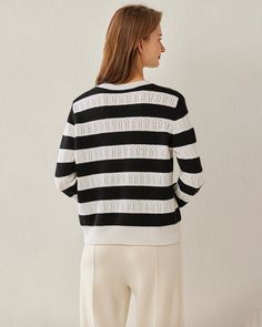 Type: Women's Cashmere Sweater.Material: 100% A-Grade Mongolian Cashmere. Features:Crafted from the finest cashmere, this sweater embodies luxury and elegance, providing you with the ultimate cozy and chic experience. The distinctive striped pattern and delicate motifs add a touch of sophistication to your look, making this sweater a true fashion statement. The hollow round neck design not only enhances its uniqueness but also ensures breathability and comfort. Whether you're heading to a casual Luxury Long Sleeve Jacquard Knit Sweater, Elegant Cashmere Sweater For Fall, Luxury Jacquard Knit Sweater For Fall, Elegant Jacquard Knit Sweater, Cashmere Long Sleeve Jacquard Knit Outerwear, Elegant Wool Jacquard Knit Sweater, Long Sleeve Cashmere Jacquard Knit Outerwear, Long Sleeve Cashmere Outerwear With Jacquard Knit, Elegant White Merino Wool Cardigan