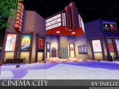 the cinema city is lit up at night with bright lights and movie posters on the building