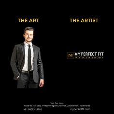 a man wearing a suit and tie standing in front of a black background with the words my perfect fit on it