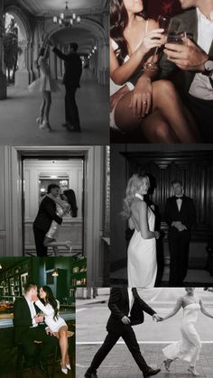 black and white photos of people in formal wear dancing, one man holding a woman's hand