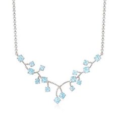 Ross-Simons - 6.90ct t. w. Sky Blue Topaz Vine Necklace in Silver. 18". On this unique necklace, 6.90 ct. t. w. sky blue topaz rounds garnish the tips of a sterling silver vine design. Emitting an angelic blue hue, the dispersed placement of the gems evokes a distinct elegance that will elevate all of your ensembles. Suspends from a rolo chain. Lobster clasp, sky blue topaz vine necklace. Blue Topaz birthstones are the perfect gift for December birthdays. Light Blue Fine Jewelry Necklace For Formal Events, Light Blue Fine Jewelry Necklace For Formal Occasions, Formal Light Blue Aquamarine Necklace, Fine Jewelry Aquamarine Light Blue Necklace, Fine Jewelry Light Blue Aquamarine Necklace, Light Blue Aquamarine Necklace Fine Jewelry, Elegant Light Blue Topaz Necklaces, Elegant Light Blue Topaz Necklace, Swiss Blue Topaz Necklace