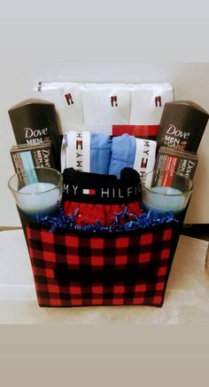 a red and black plaid basket filled with personal care items