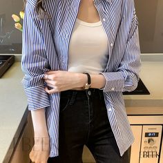 Ebeek - Stylish Striped Button Front Shirt: Versatile Long Sleeve Casual Top for Spring & Fall, Fashion-Forward Womens Clothing. Striped Shirt Women, Fall Blouse, Casual Long Sleeve Shirts, Bottoming Shirt, Casual Stripes, Loose Shirts, Collared Shirt, Affordable Clothes, Office Outfits