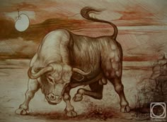 a drawing of a bull with an apple in the background