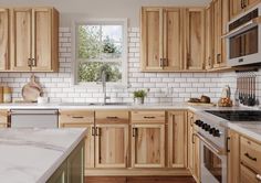 a kitchen filled with wooden cabinets and white counter tops next to a stove top oven