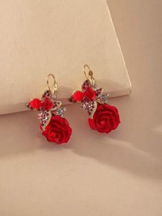 Red And Pink Jewelry, Red Jewelry Earrings, Red Earing, Red Wedding Jewelry, Red Rose Earrings, Quinceanera Jewelry, Earrings Shein, Embellished Fashion