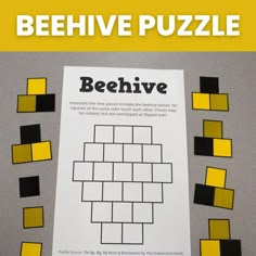 a poster with the words behive in black and yellow on it, surrounded by squares