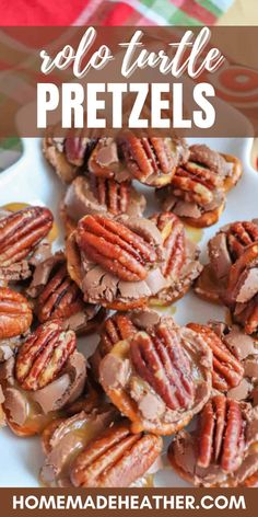 chocolate pecan pretzels with caramel drizzle and pecans on top