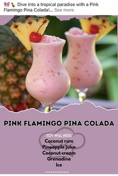 the pink flamingo pina colada is served in two glasses