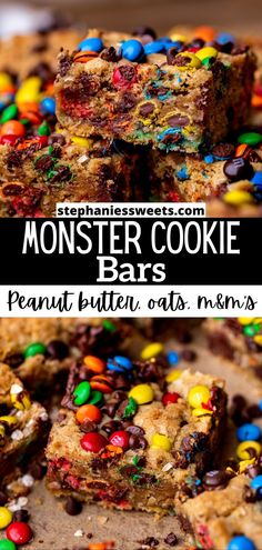 monster cookie bars with m & m's on top and the title overlay