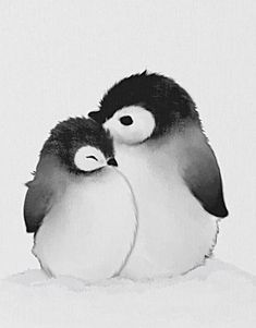 two small birds sitting next to each other on top of snow covered ground in front of a white background