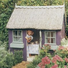 Fairy Cottage Playhouse, Wendy House Ideas, Shire Playhouse, Playhouse Roof, Wooden Wendy House, Pink And Purple Playhouse, Roof Idea, Box Hedge