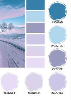 the color palette is blue, purple and white with some snow on the ground in the background