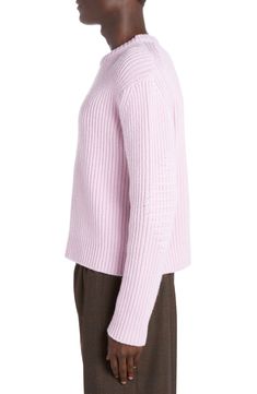 A springy pink hue softly saturates a boxy sweater knit from a chunky wool-and-cashmere yarns. 25" length (size Large) Crewneck Long sleeves 69% wool, 31% cashmere Dry clean Made in Italy Men's Designer Clothing Pink Cashmere Sweater With Ribbed Cuffs, Spring Wool Chunky Knit Sweater, Spring Chunky Knit Wool Sweater, Chunky Knit Wool Sweater For Spring, Pink Cashmere Sweater For Spring, Pink Wool Knitted Sweater, Casual Pink Wool Sweater, Pink Wool Sweater For Fall, Spring Cashmere Sweater With Knit Fabrication