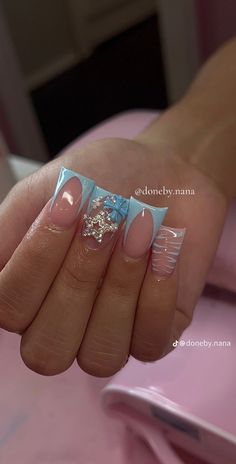 White French Tip Inspo Nails, French Tip Inspo Nails, Blue And White French Tip Nails, Cinderella Nails Designs, Rounded Almond Nails, Blue White Nails, Blue And White Nail, White Nail Inspo, Teal Acrylic Nails