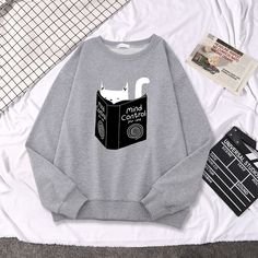 Casual Gray Sweatshirt With Cartoon Print, Cat Themed Clothes Aesthetic, Gray Cotton Sweatshirt With Cartoon Print, Casual Cotton Sweatshirt With Cat Design, Casual Hoodie With Cat Design And Crew Neck, Trendy Cotton Sweatshirt With Cat Print, Cat Themed Clothes, Cute Cotton Sweatshirt With Cat Design, Cat Sweatshirt Hoodie