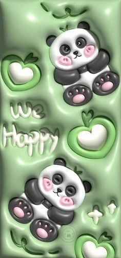 a panda bear is sitting in the middle of some green and white shapes with words on it