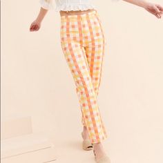 Free People She’s All That Plaid High Waist Crop Pants, New With Tags, Size 4 With A Fun Orange, Coral, Yellow, White Plaid Pattern. Let Me Know If You Have Any Questions! :) Yellow Cotton Bottoms For Spring, Yellow High-waisted Pants For Spring, Chic Yellow Pants With Elastic Waistband, Chic Yellow Bottoms For Spring, Chic Yellow Spring Bottoms, Chic Yellow Cotton Pants, Yellow Pants For Spring Day Out, Yellow Straight Leg Summer Bottoms, Yellow Straight Leg Bottoms For Summer