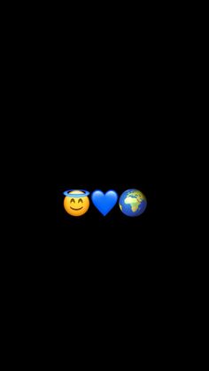 two smiley faces and one heart on a black background with the earth in the middle