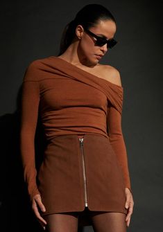 Off the shoulder design Long sleeve Slim fit Cuffed neckline Ruching details Dry clean 90% wool, 10% cashmere Made in China Madison is 5'6", wearing size S. Copper Sweater, Jumpsuit And Blazer, Off Shoulder Sweater, Clothing Essentials, Sweater Sale, Romper Dress, Shoulder Design, Shoulder Sweater, Active Wear Tops