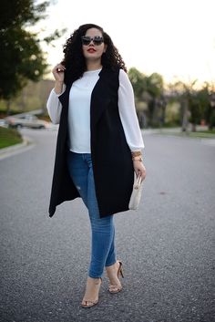 Summer Plus Size Office Outfits, Work Closet, Elegante Casual, Mode Casual, Moda Plus, Black Vest, Business Outfit, Sleeveless Jacket