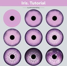 the iris's eye is shown in purple and has black dots on it, as well as several smaller circles