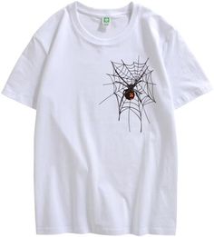 100% Cotton Imported Machine Wash MATERIAL: Women's summer T-shirts are made of 100% cotton material, which is soft, skin-friendly, breathable, and comfortable. We suggest customer order 1~2 sizes up for a loose fit. FEATURES: Simple crewneck T-shirt, short sleeves, ''spider web'' themed Halloween graphic, loose-fitting tunic T-shirt, casual style for added comfort. Basic tees are the perfect addition to Y2k's aesthetic accessories or streetwear. OCCASION: Harajuku Gothic T-shirts are suitable f Spooky White Tops For Streetwear, White Spooky Tops For Streetwear, Crew Neck Cotton T-shirt For Halloween, White Short Sleeve Top For Halloween, Halloween White T-shirt With Sublimation Print, White Halloween T-shirt With Sublimation Print, White Short Sleeve Spooky T-shirt, White Short Sleeve T-shirt For Halloween, Aesthetics Clothing