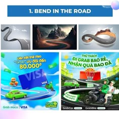 four different ads for various brands in the road