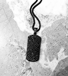 "《《  FOR YOUR JOURNEY COLLECTION  》》 THE DETAILS The \"BLACK PAVÉ TAG\" Necklace is designed with an incredibly detailed Pavé Black Cubic Zirconia Black Stainless Steel Dog Tag Pendant, suspended from a Black Stainless Steel Box Chain available in your choice of length! 🔷️🔶️🔷️View the entire FOR YOUR JOURNEY COLLECTION here: https://www.etsy.com/shop/mrmackjewelry/?section_id=27030044 MATERIALS * 1 3/4\" × 3/4\" Pavé Black Cubic Zirconia Black Stainless Steel Dog Tag Pendant  * 3mm Black Stai Luxury Black Rectangular Necklace, Black Rectangular Engraved Jewelry, Black Engraved Rectangular Jewelry, Black Engraved Rectangular Pendant Necklaces, Black Engraved Rectangular Pendant Jewelry, Black Engraved Rectangular Pendant Necklace, Black Dog Tag Jewelry For Gifts, Black Stainless Steel Dog Tag Necklace, Black Stainless Steel Dog Tag Jewelry