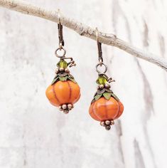 two orange fruit shaped earrings hanging from a branch