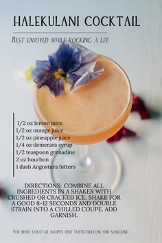 an advertisement for a cocktail called halekulanii cocktail, with information about the ingredients