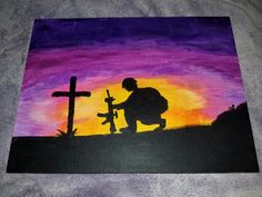 a painting of a person kneeling next to a cross with the sun setting in the background