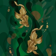 two gold fish swimming in the water with bubbles on it's sides and green background