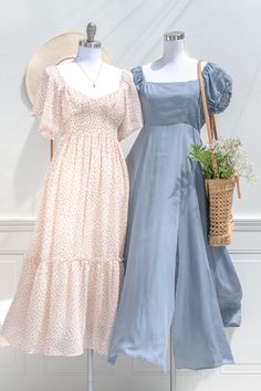 Inspired by romantic regency day dresses, the Authoress dress in a stormy twilight blue tencel-linen blend features an open, corset style back, square neckline, an empire waistline, and short puffed sleeves. Perfect for a picnic in the park, a day spent frolicking with friends, or just for lounging in with a cup of tea and your favorite Jane Austen novel! Please Note- This item is final sale only. . Details: S: Bust: 34"-36", Waist 28"-32", Length 52" M: Bust 36"-38", Waist 30"-34", Length 53" L Empire Waist Short Dress, Cute Dresses Vintage, Blue Sun Dresses, Chirch Dresses, Jane Austen Inspired Outfits, Stormy Day Outfit, Jane Austen Outfits, Pretty Modest Dresses, Pride And Prejudice Outfits