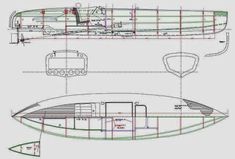 a drawing of a boat with plans for the front and side sections, as well as its