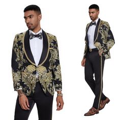 Step Into The Spotlight With The Black Paisley 2pc Men's Suit By Tazzio. Featuring A Captivating Paisley-Patterned Jacket With A Wide Satin Shawl Collar And Trim, Along With Three Besom Pockets, All Tailored In A Sleek Skinny-Fit Silhouette, This Ensemble Exudes Modern Sophistication. Complemented By Solid Satin Pants In A Matching Skinny Fit, This Suit Is Perfect For Weddings, Special Occasions, Or Any Formal Event, Promising To Make A Bold Statement With Its Impeccable Craftsmanship And Contem Fitted Long Sleeve Set For Black-tie Events, Business Suit And Tie Accessories With Paisley Print, Formal Fitted Gold Sets, Gold Fitted Formal Sets, Formal Patterned Paisley Suit And Tie Accessories, Fitted Gold Tuxedo Style Sets, Fitted Gold Tuxedo Set, Black Paisley Tuxedo, Luxury Jacquard Semi-formal Suits