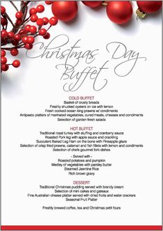 a christmas day buffet menu with red berries on it