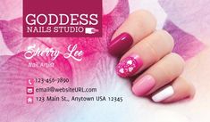 a woman's hand with pink and white nail polish on it, next to a business card that says goddess nails studio