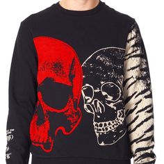 100% Cotton Crewneck Printed Black Crew Neck Sweatshirt With Skull Print, Black Long Sleeve Sweatshirt With Skull Print, Black Skull Print Sweatshirt For Winter, Black Long Sleeve Sweater With Skull Print, Black Cotton Sweatshirt With Skull Print, Edgy Black Streetwear Sweater, Edgy Black Graphic Print Sweatshirt, Edgy Black Sweatshirt For Fall, Edgy Black Cotton Sweatshirt