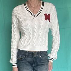 Youth Sz 12-14 But Fits Like A Womans Small Disclosure. I Am Listening This As A Woman’s Small Not A Youth Size 12-14because It Fits Me And I Am 5‘7“ Tall 110 Pounds And I Have A 32d Bust. Brand New With Tags And Perfect Condition. Smoke Repair Free Home. White Fall Sweater For College, H&m White Winter Sweater, College Style White Tops For Fall, White College Style Tops For Fall, White Long Sleeve College Style Sweater, White Cotton Varsity Sweater, White Cable Knit Cotton Tops, White Cotton Cable Knit Tops, White Varsity Fitted Top