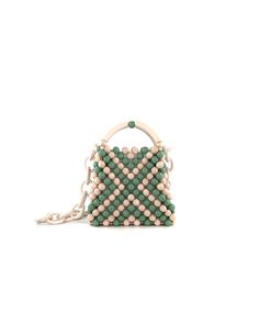 a green and white beaded purse on a chain