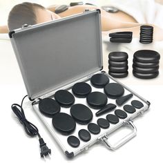 PRICES MAY VARY. 18PCS HOT STONE MASSAGE KIT: Our hot stone massage set includes 18 pieces of basalt stones in 4 sizes, different sizes can meet your different needs for full body massage - neck, back, shoulders, arms and legs. Package Includes: 4 *6x8x2 cm oval stones, 4 *7x7x2 cm round stones, 2 *3x4x0.8 cm triangular stones, 8 *3x4x0.8 cm stones. HEATING TIME: The hot stone massage kit comes with heating box, which can be heated after power on. The heating time is about 20-25 minutes, and the Spa Massage Room Groupon, Ikea Massage Room, Spa Room Massage Therapy, Greenhouse Massage Room, Yinyang Spa, Massage Rug, Massage Kit, Spa Room Ideas, Massage Neck