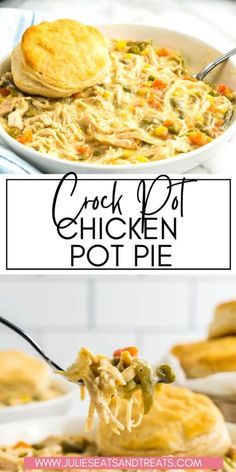 the chicken pot pie is being eaten with a fork and served in a white casserole dish