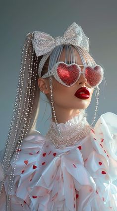 a woman wearing heart shaped glasses and a white dress with red hearts on her eyes