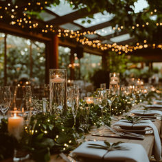 Set the scene for a magical evening with an outdoor wedding reception beneath a canopy of twinkling fairy lights. This setup features a long banquet-style table, lush greenery garlands, and elegant candlelight for a cozy, romantic ambiance. Ideal for forest or garden weddings, this decor brings a warm glow that complements any natural setting beautifully. Save this idea for the ultimate enchanting outdoor wedding inspiration! #OutdoorWedding #FairyLights #RusticElegance #GardenWedding Fairy Light Reception Decor, Outdoor Lights Wedding Reception, Greenery Lights Wedding, Whimsical Wedding Reception Indoors, Forest Wedding Candles, Twinkle Lights Wedding Table Decor, Greenhouse Wedding Table Decor, Cave Wedding Reception, Moody Fairy Wedding