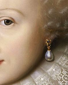 a close up of a painting of a woman with earrings on her ear and wearing a white dress